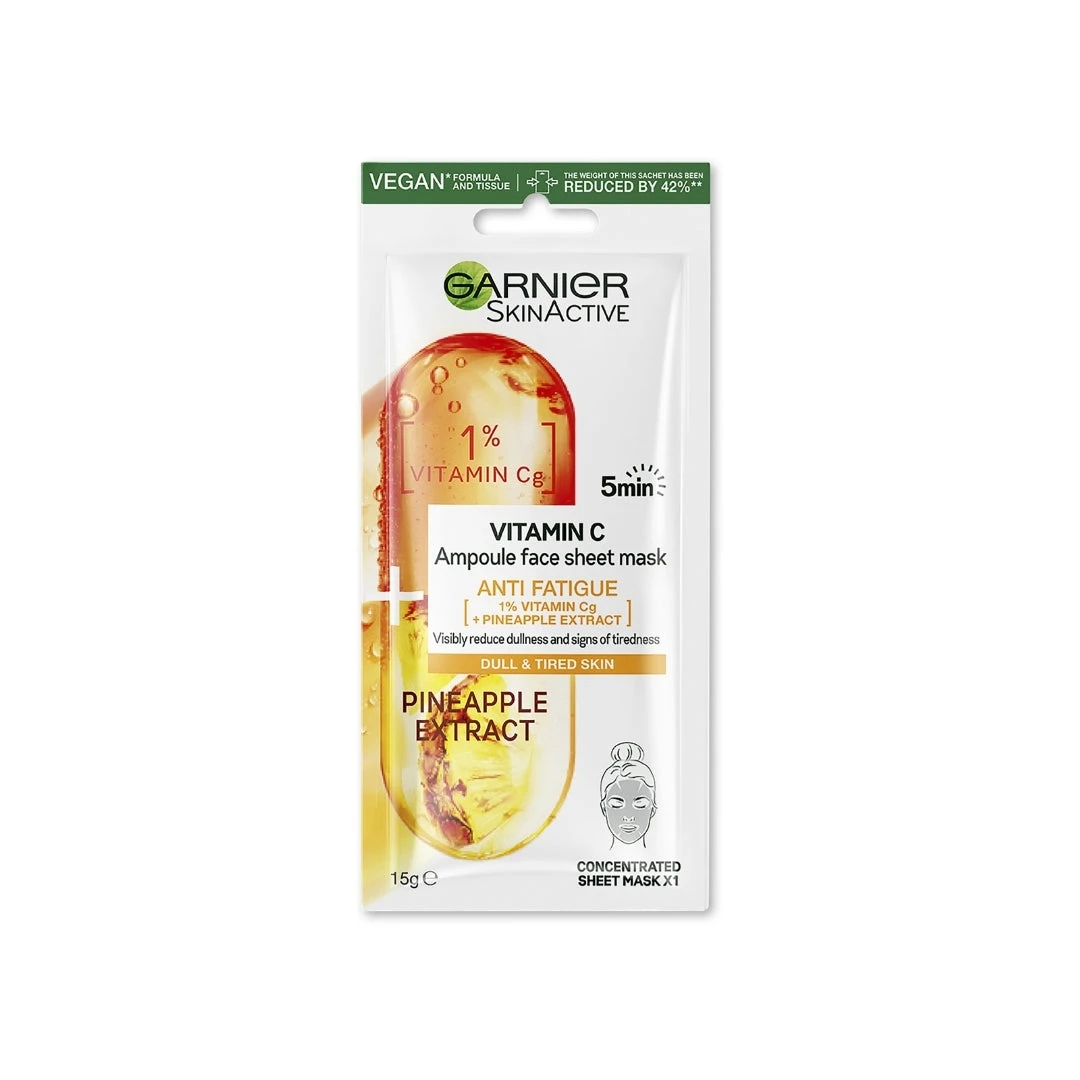 20 X Garnier SkinActive Vitamin C Anti-Fatigue Ampoule Sheet Face Mask 15g - Pineapple Extract 4 20 X Garnier SkinActive Vitamin C Anti-Fatigue Ampoule Sheet Face Mask 15g - Pineapple Extract - Image 2