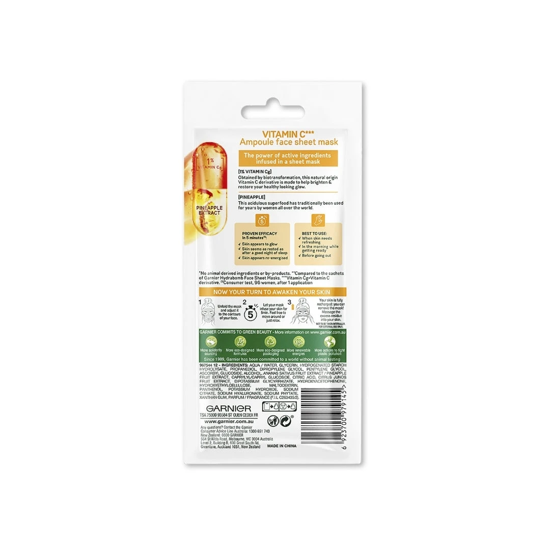 20 X Garnier SkinActive Vitamin C Anti-Fatigue Ampoule Sheet Face Mask 15g - Pineapple Extract 5 20 X Garnier SkinActive Vitamin C Anti-Fatigue Ampoule Sheet Face Mask 15g - Pineapple Extract - Image 3