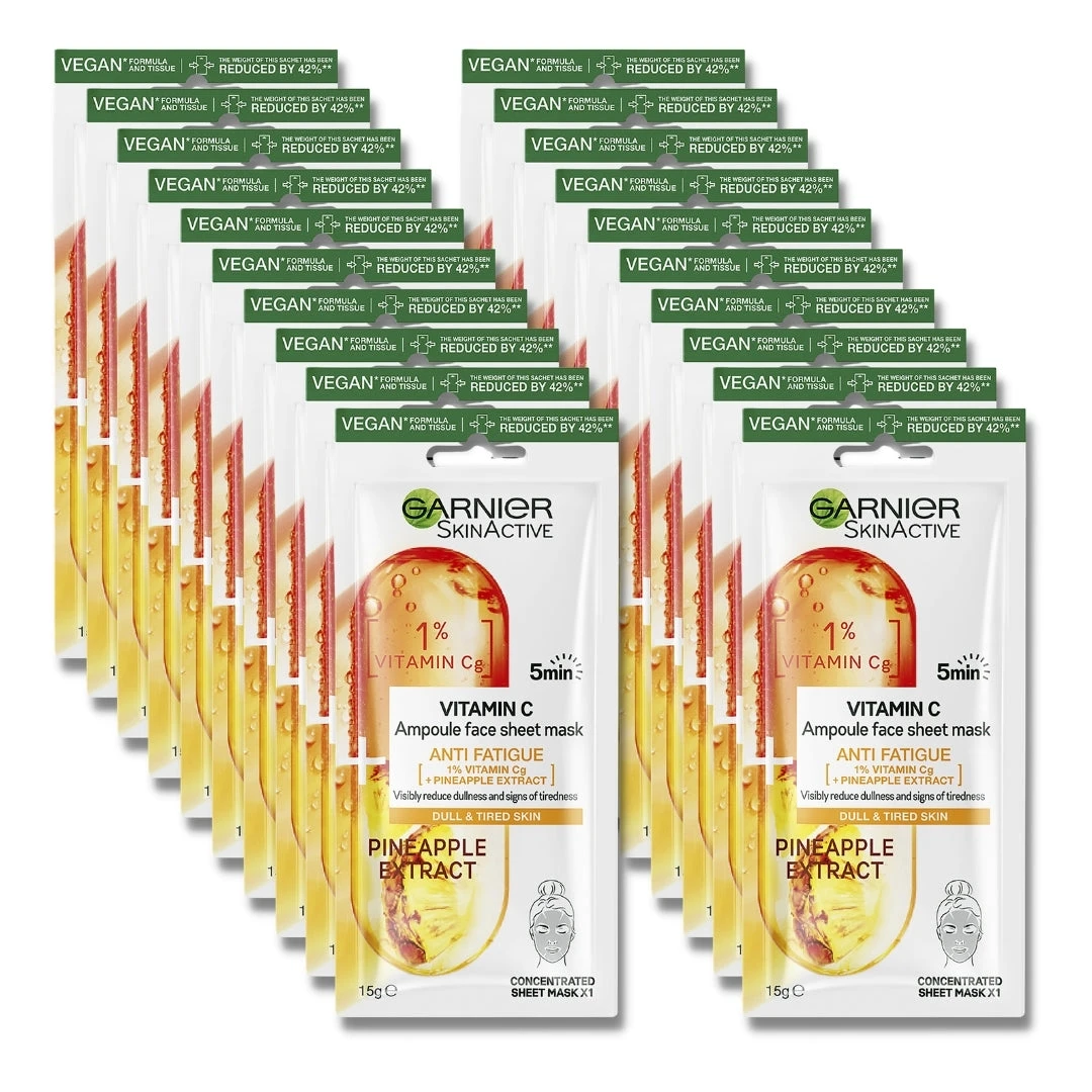 20 X Garnier SkinActive Vitamin C Anti-Fatigue Ampoule Sheet Face Mask 15g - Pineapple Extract 3 20 X Garnier SkinActive Vitamin C Anti-Fatigue Ampoule Sheet Face Mask 15g - Pineapple Extract