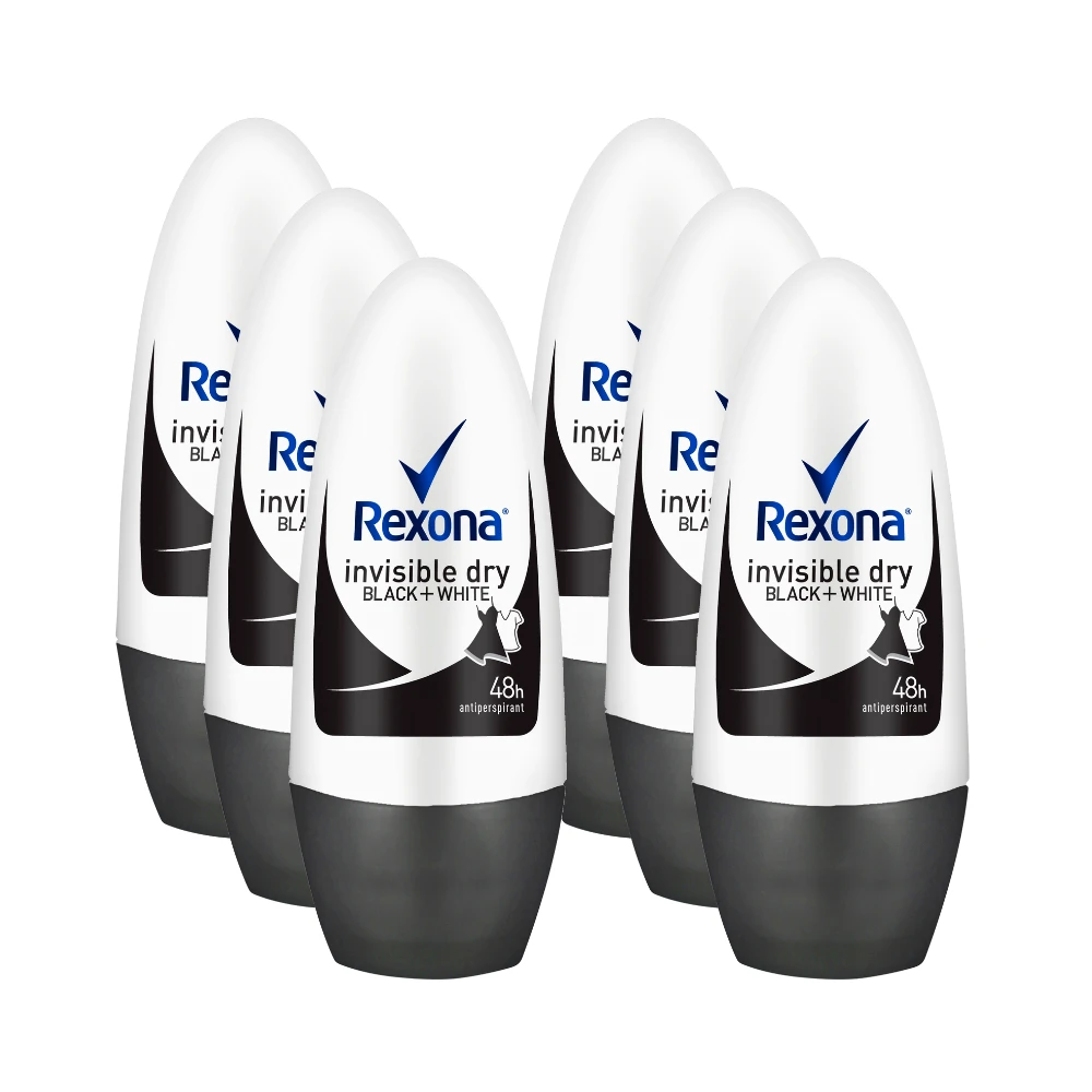 Rexona Invisible Dry Black + White Antiperspirant Roll-On 50mL - 6 Pack 3 Rexona Invisible Dry Black + White Antiperspirant Roll-On 50mL - 6 Pack