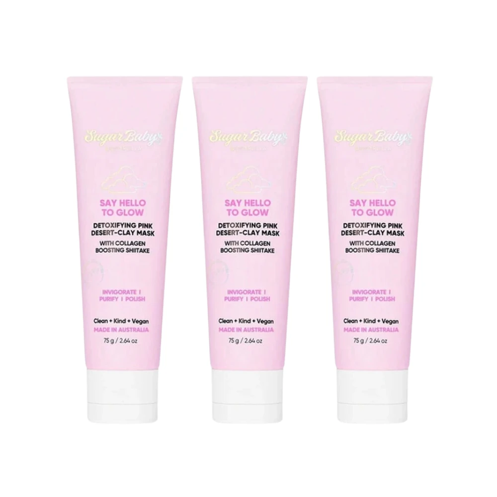 3 X SugarBaby Say Hello To Glow Detoxifying Pink Desert-Clay Mask 75g 3 3 X SugarBaby Say Hello To Glow Detoxifying Pink Desert-Clay Mask 75g